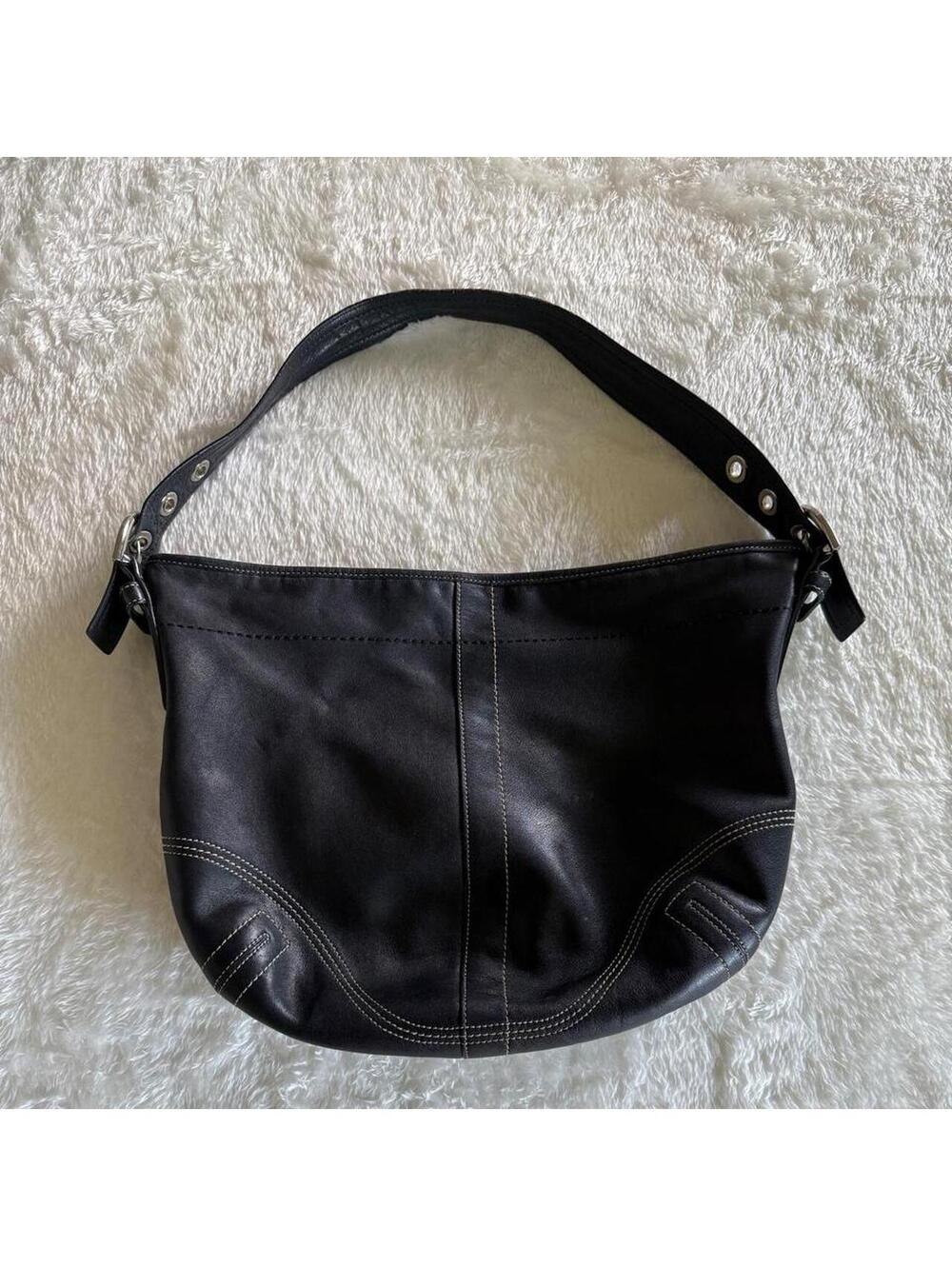 Coach Black Leather Shoulder Bag with Silver Buckle and Contrast Stitching